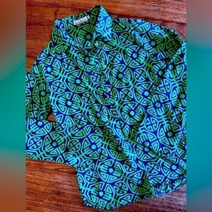 Vibrant Green and Blue Geometric Button Down Shirt